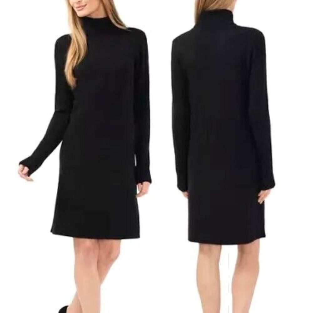 CeCe Sweater Dress Size Small Black Turtleneck Long Sleeve Ribbed Rich Black
